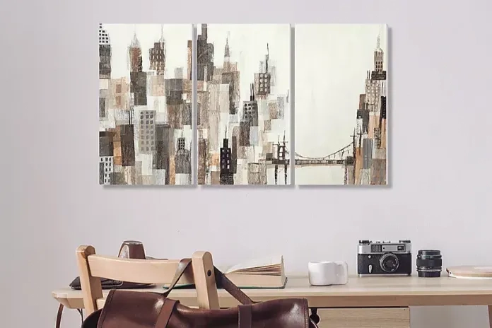 three piece artwork of a city with a bridge
