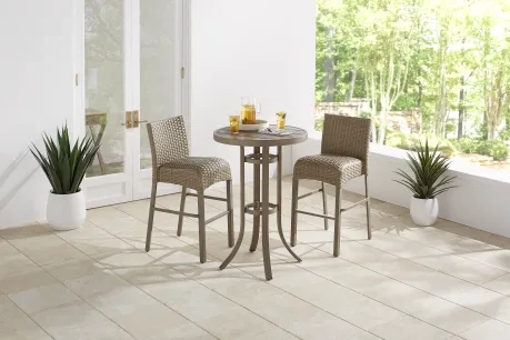 a wicker patio bar set with two chairs and a small table 