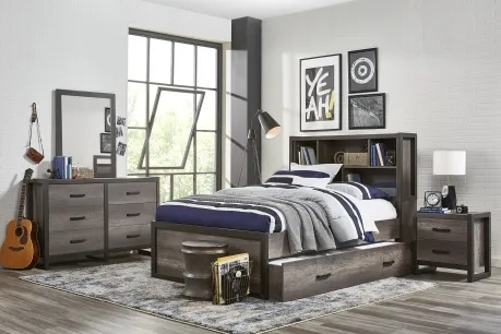 5 piece wooden bedroom set with bed, dresser, accent tables, and bed with storage