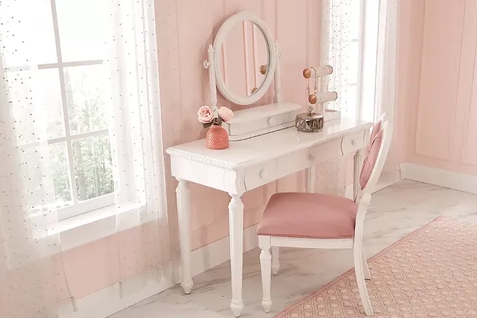 kids white vanity set with heart chair 