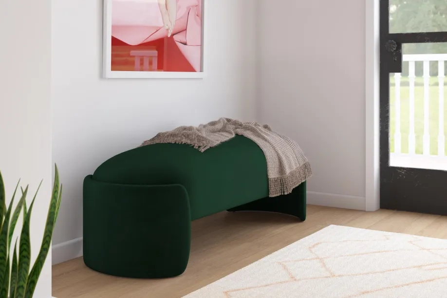green accent bench in hallway
