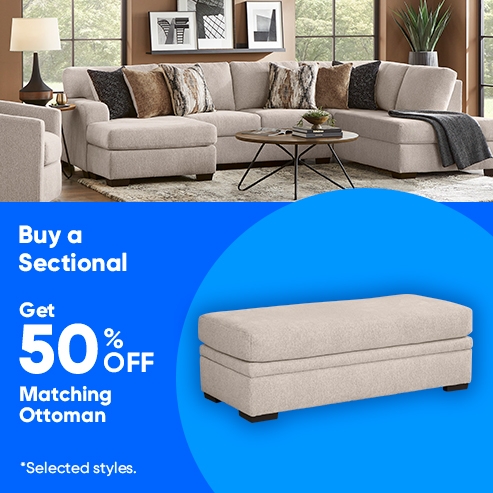Buy a Sectional Get 50% Off Matching Ottoman “Wildwood Grove.” Beige chenille.