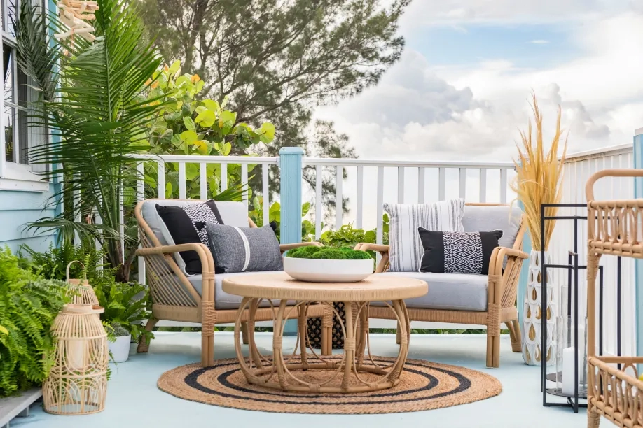 blue and gray patio set with brown rug