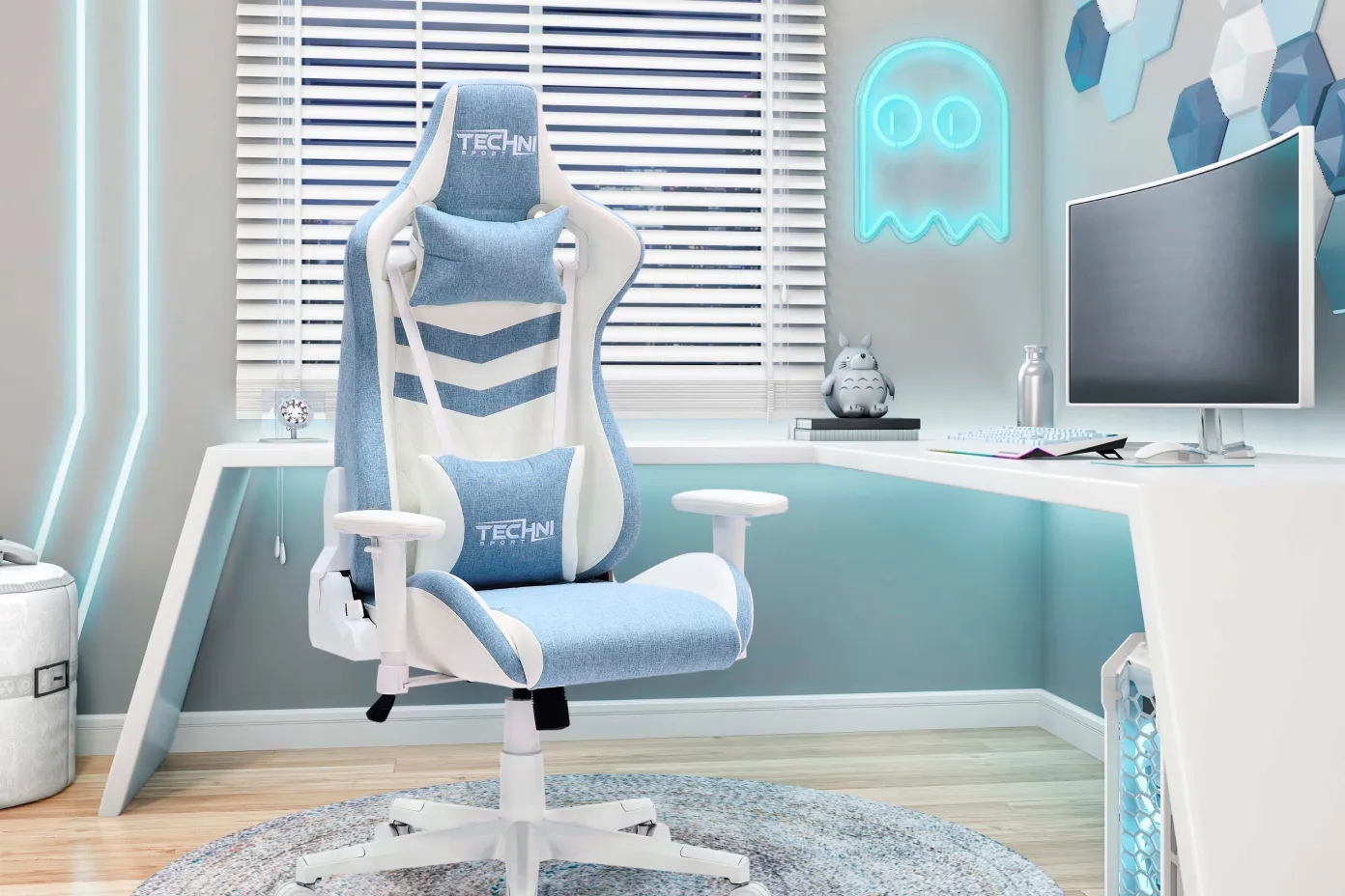 blue and white gaming chair 