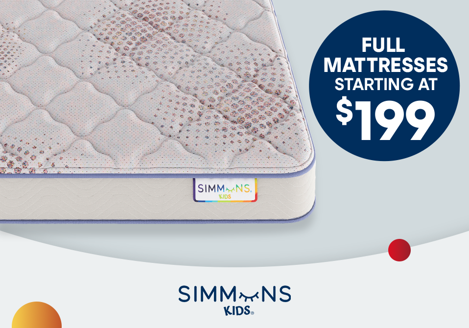 FULL MATTRESSES STARTING AT $199. Mattress with a colorful pattern.
