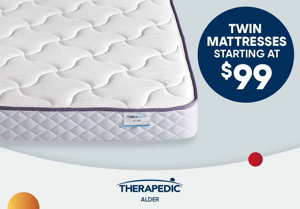Twin mattresses starting at $99. Mattress with white quilted top and blue side.
