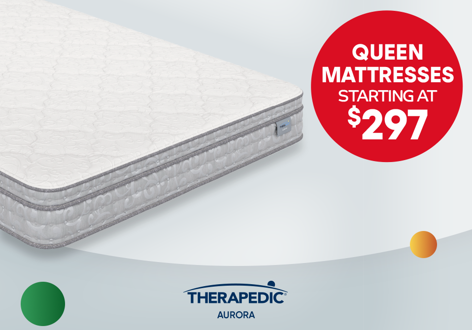 QUEEN MATTRESSES STARTING AT $297. A white mattress with a gray border.
