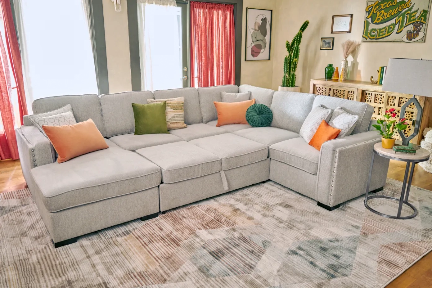 gray couch with colorful pillows