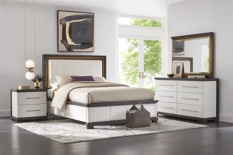 modern bedroom with purple and gold accent colors