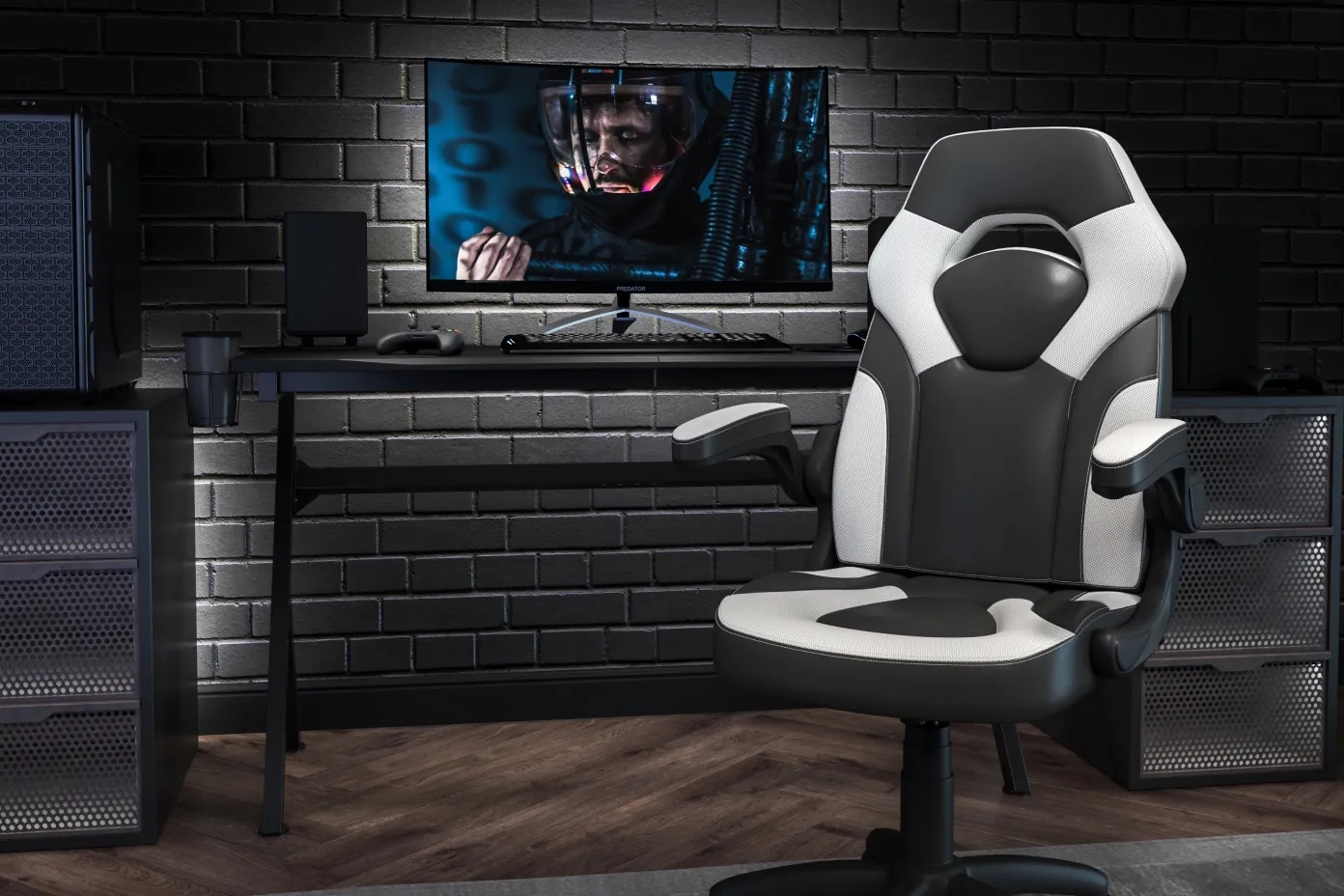 black and white chair with black desk