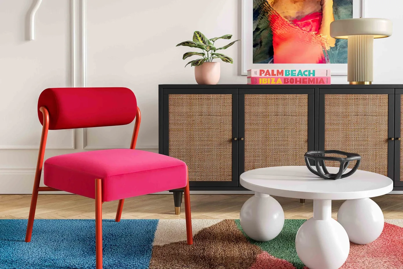 colorful chair and neutral accent cabinet 