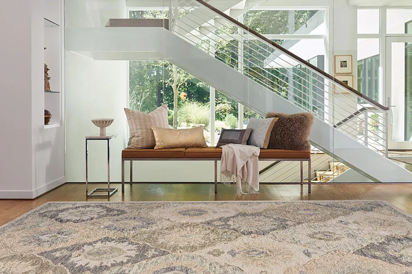 neutral rug with accent bench