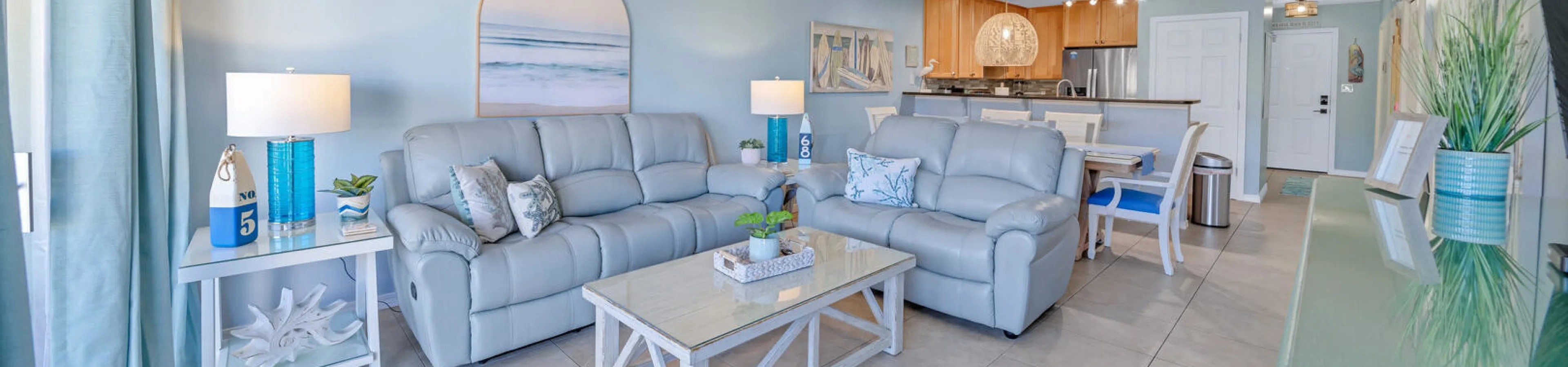 gray couch in a coastal room