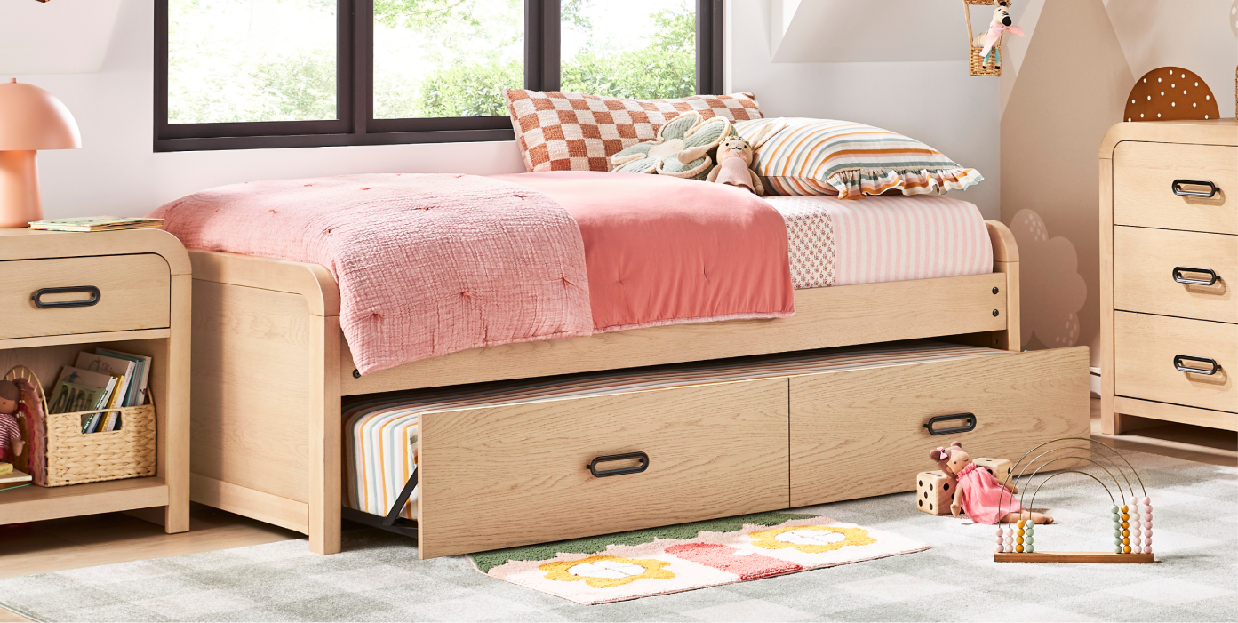Kids Hidden Hills Light Oak Full Low Profile Bed with Storage Side Rail - Thumbnail 2