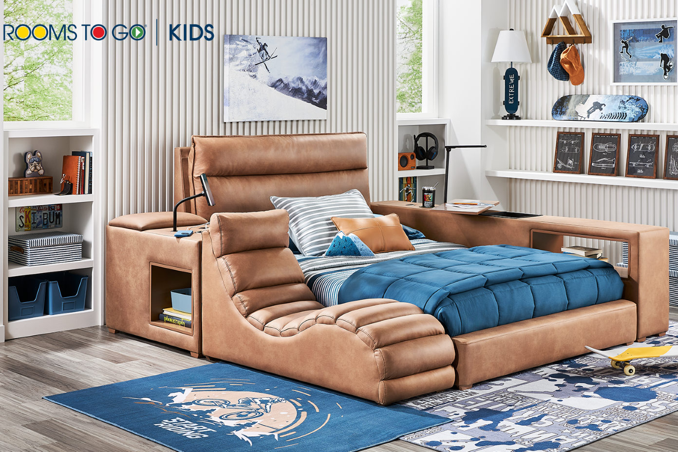 Rooms To Go Kids bed. Brown leather, built-in seating, storage, and desk.