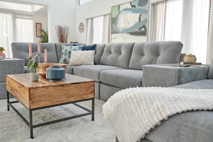 grey sofa with brown coffee table