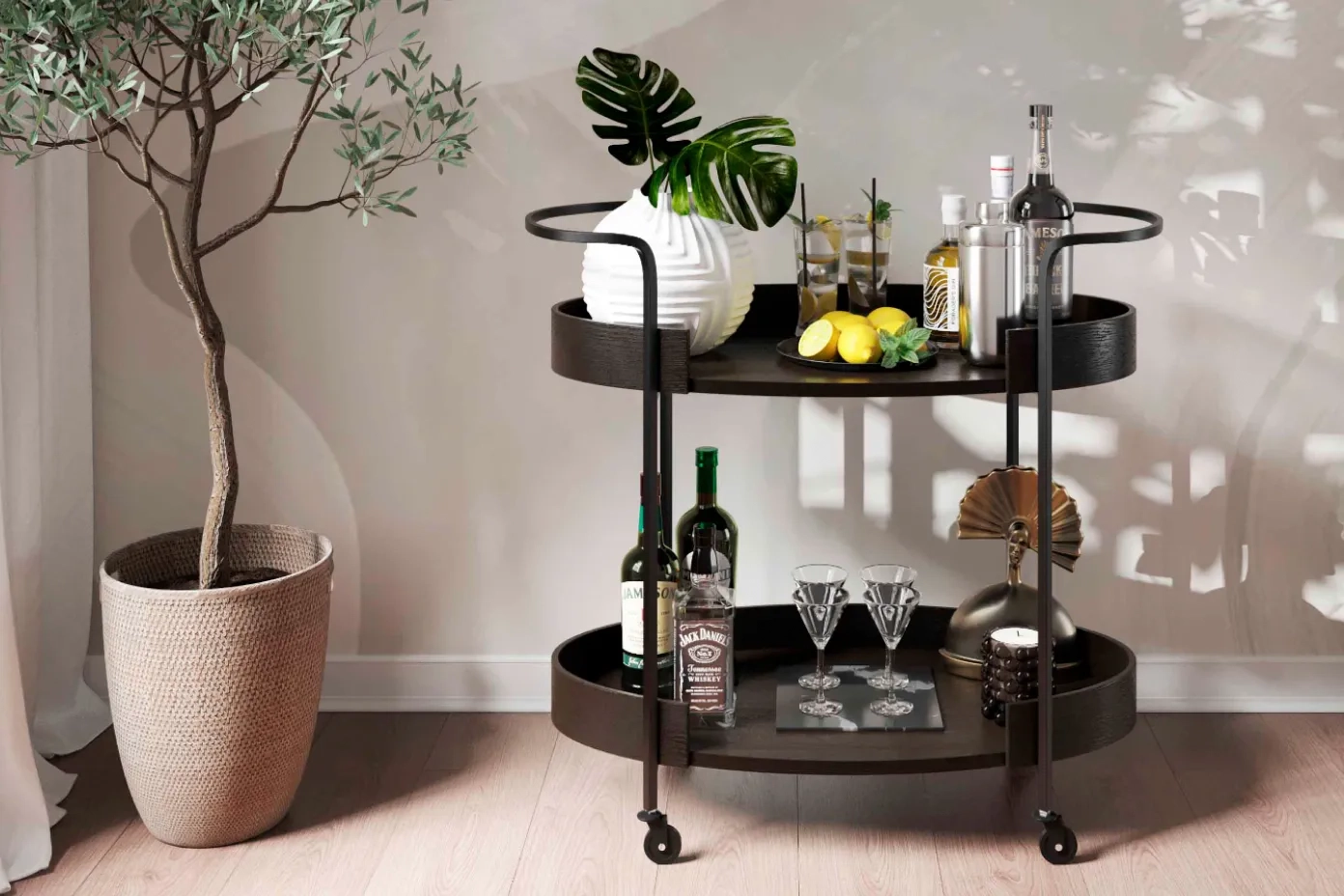 black bar cart with plant and wines glasses on top