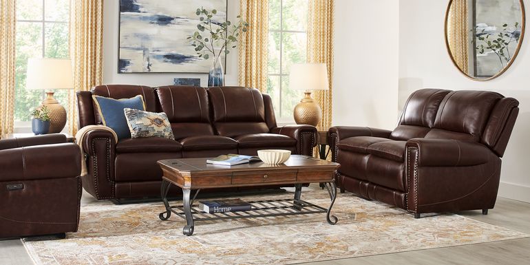 Amesbury Brown Leather 5 Pc Living Room with Dual Power Reclining Sofa