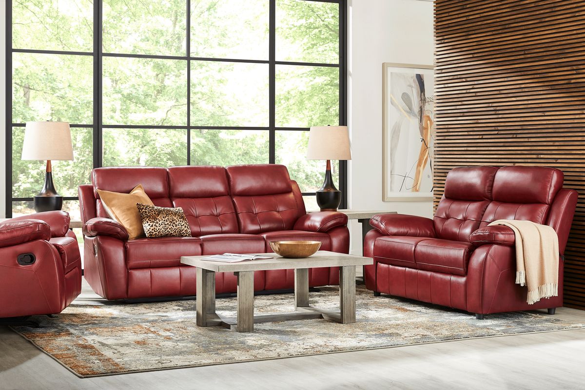 Red Leather Non Power Reclining Sofa