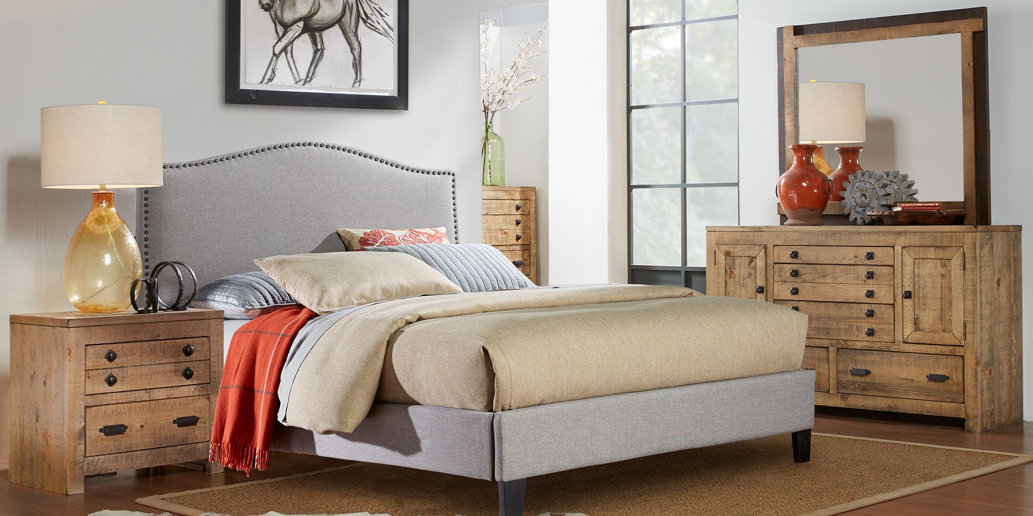 Asher Driftwood 5 Pc Queen Bedroom with Silver Upholstered Bed Rooms