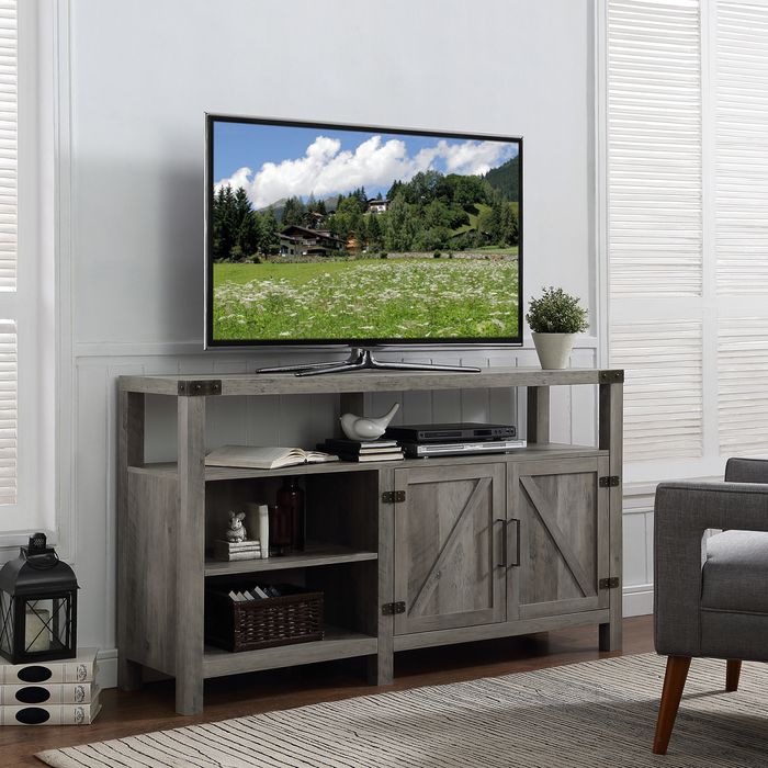 gray tv console table with matching decorative accents