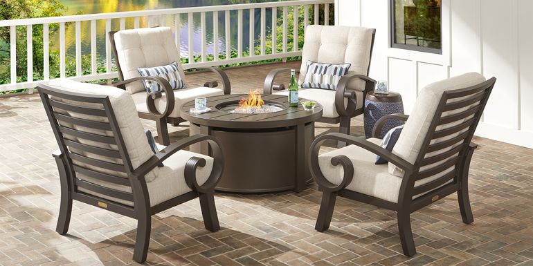 Bermuda Bay Aged Bronze 5 Pc Fire Pit Set with Rollo Linen Cushions