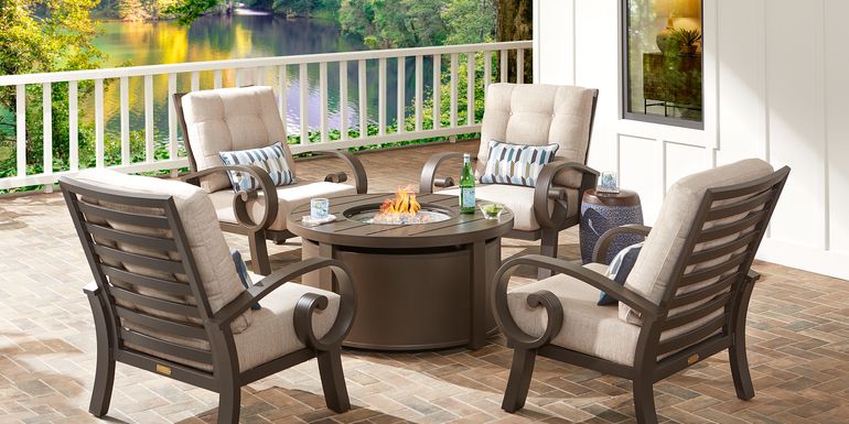 Bermuda Bay Aged Bronze 5 Pc Fire Pit Seating Set with Wren Cushions