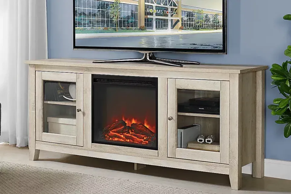 White wood TV console with fireplace