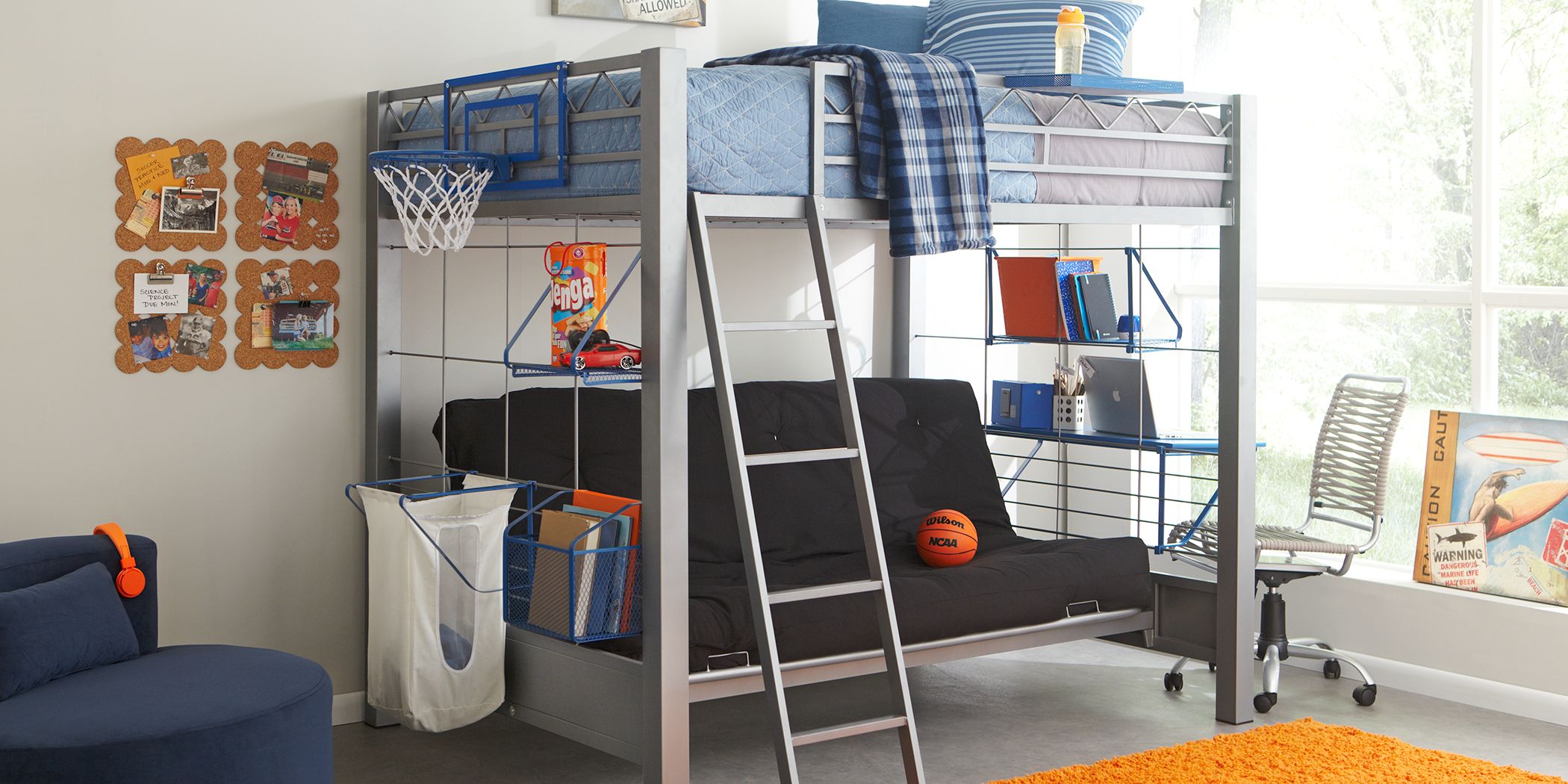 BuildaBunk Gray 4 Pc Full/Futon Loft Bed with Blue Accessories Rooms To Go