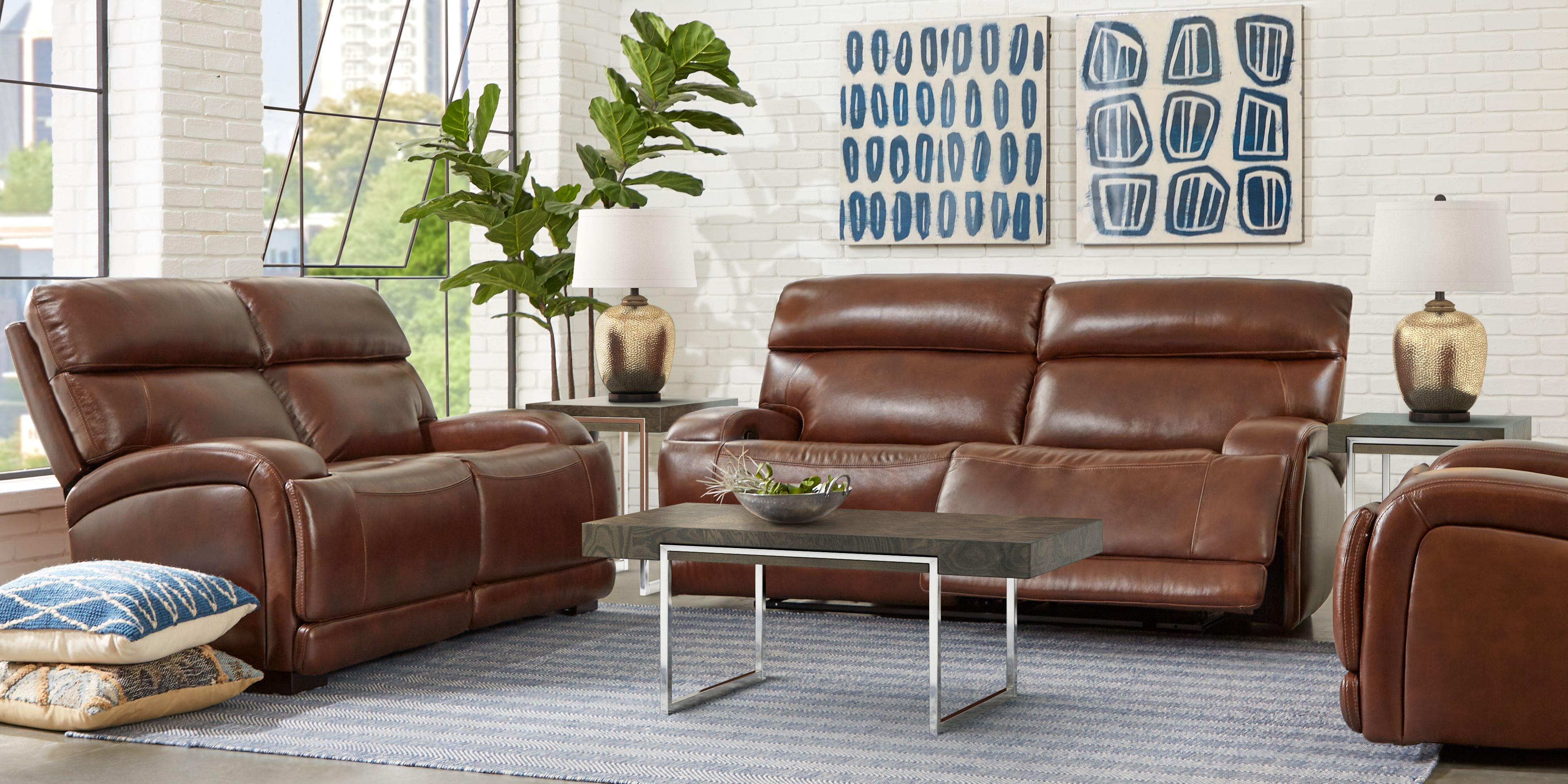 Burgio Brown Leather 3 Pc Living Room with Reclining Sofa Rooms To Go
