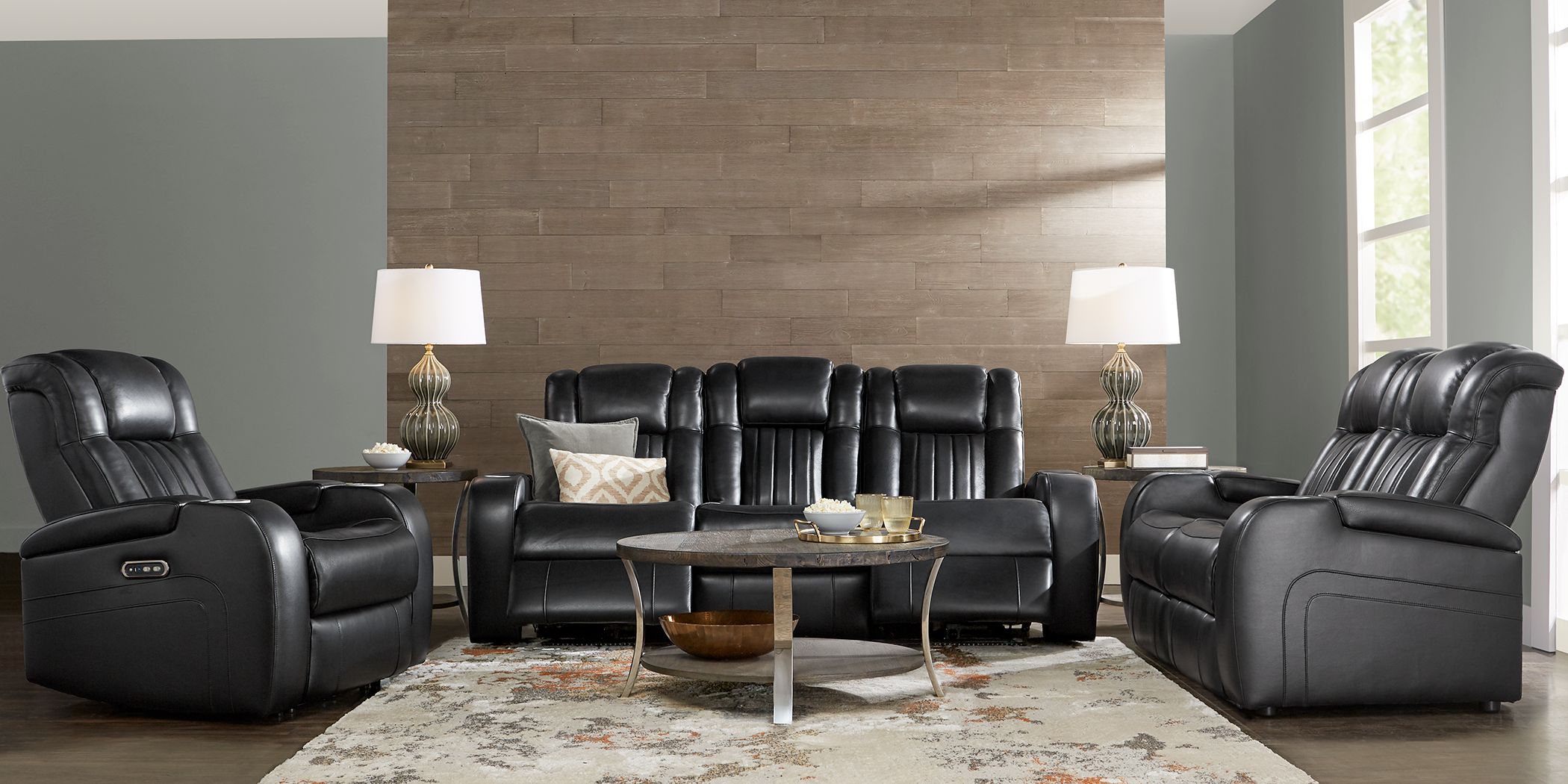 Large Black Leather Living Room Set