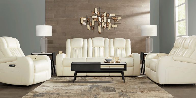 Cenova Ivory Leather 5 Pc Living Room with Dual Power Reclining Sofa