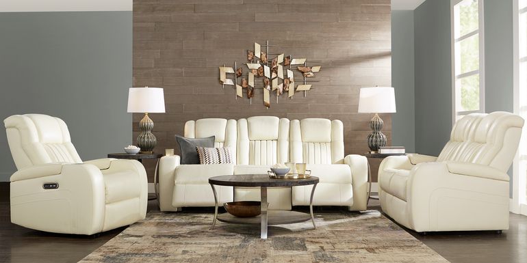 Cenova Ivory Leather 7 Pc Living Room with Dual Power Reclining Sofa