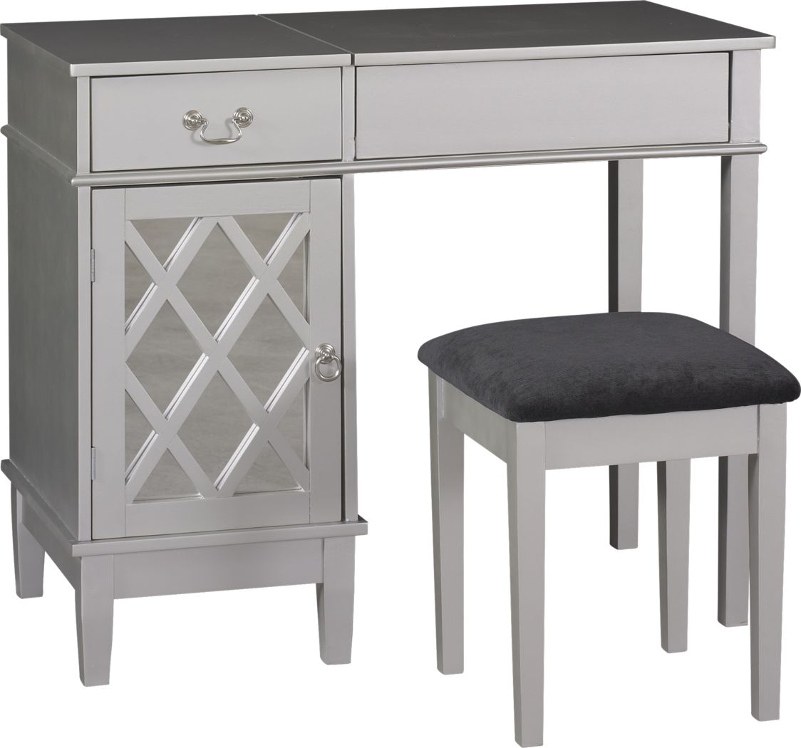 Contemporary Vanity Sets Makeup Vanities, Bobkona F4079 St Croix Collection Vanity Set With Stool Silver