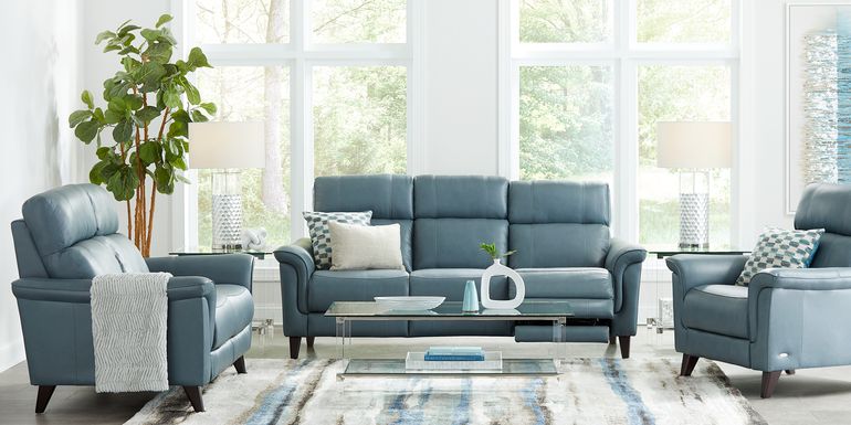 Cindy Crawford Home Avezzano Blue 7 Pc Leather Living Room with Dual Power Reclining Sofa