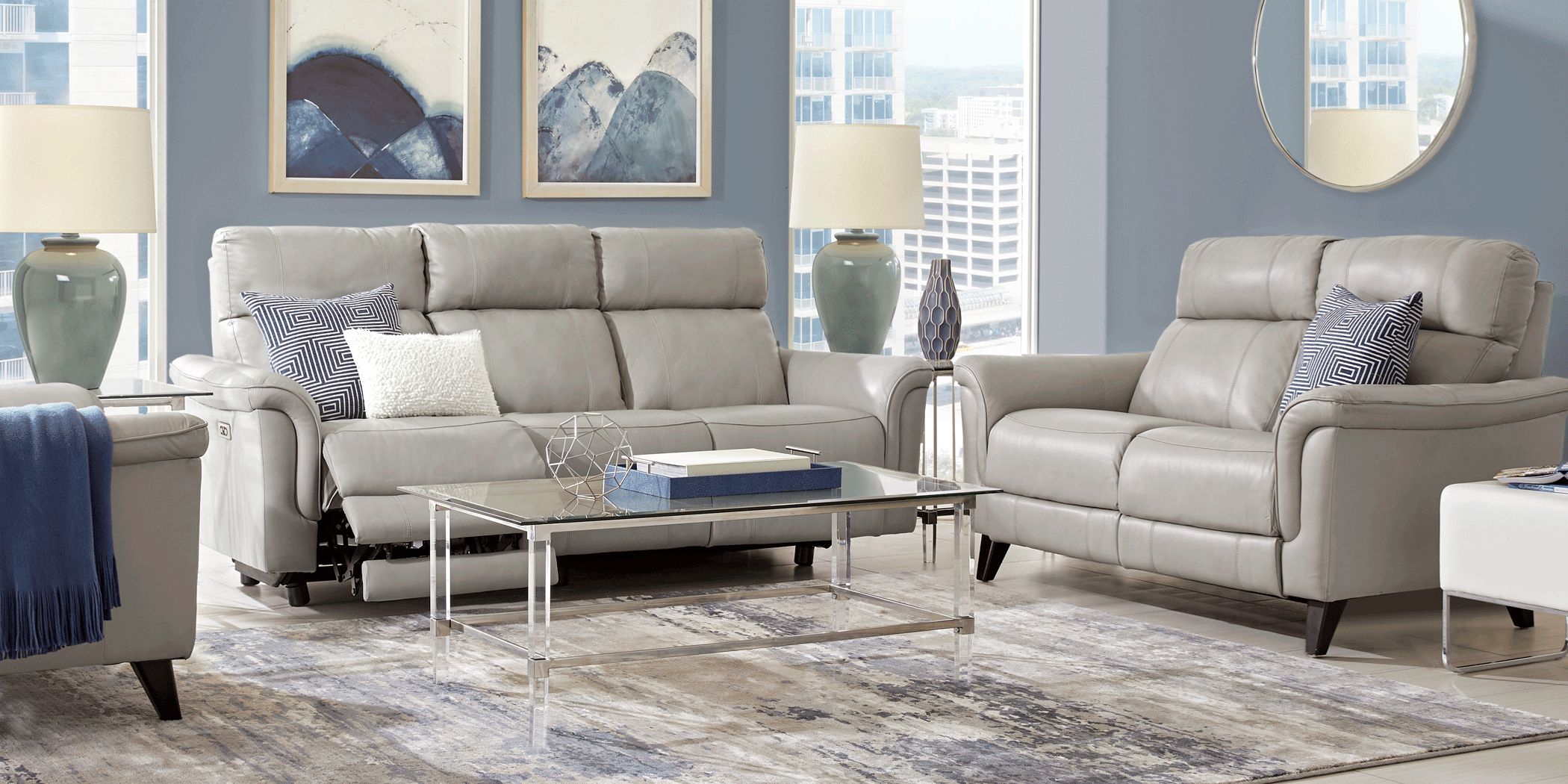 Cindy Crawford Home Avezzano Stone 5 Pc Leather Living Room with Dual Power Reclining Sofa