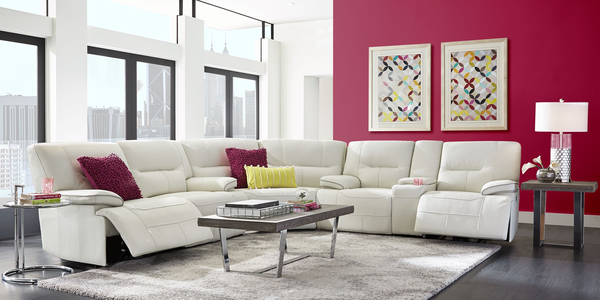 Cindy Crawford Home Caletta Off White 3, White Leather Reclining Sectional