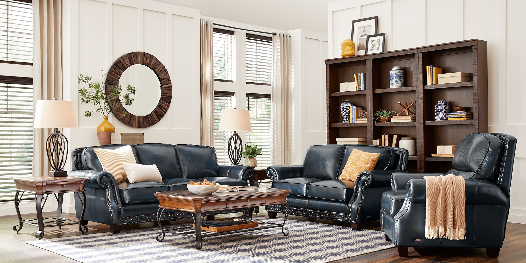 Calvano Blue Leather 3 Pc Living Room, Cindy Crawford Home Calvano Brown Leather 3 Pc Living Room