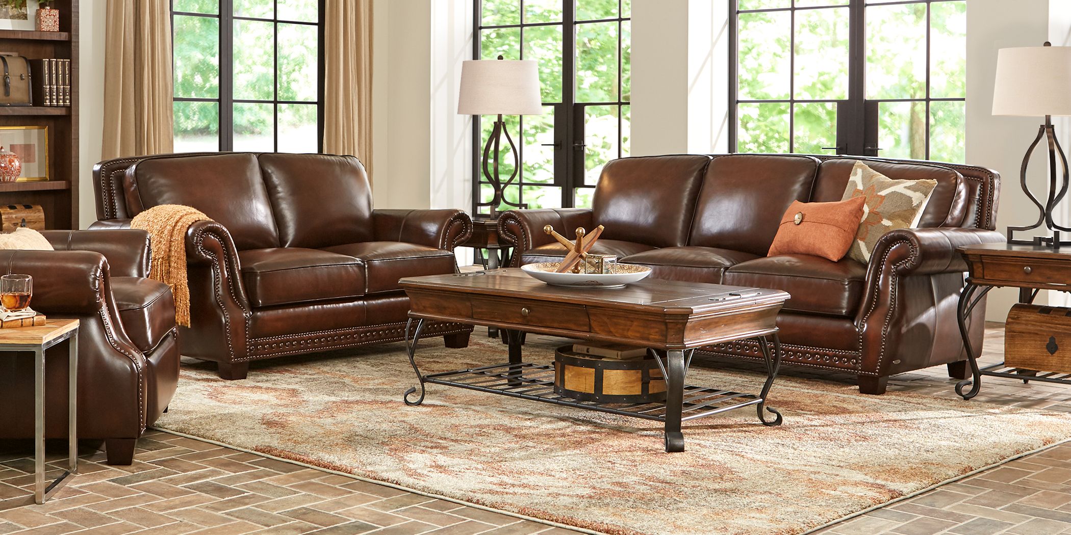 Calvano Brown Leather 5 Pc Living Room, Cindy Crawford Home Calvano Brown Leather 3 Pc Living Room