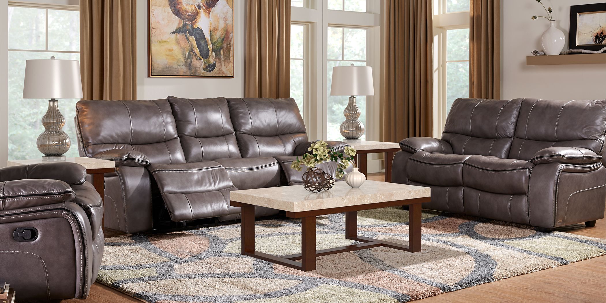 Cindy Crawford Home Gianna Gray Leather 5 Pc Living Room with Reclining