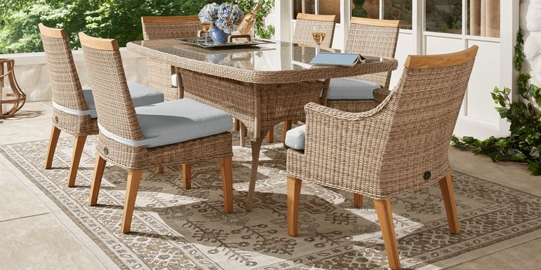 Cindy Crawford Home Hamptons Cove Gray 7 Pc Rectangle Outdoor Dining Set with Rollo Seafoam Cushions