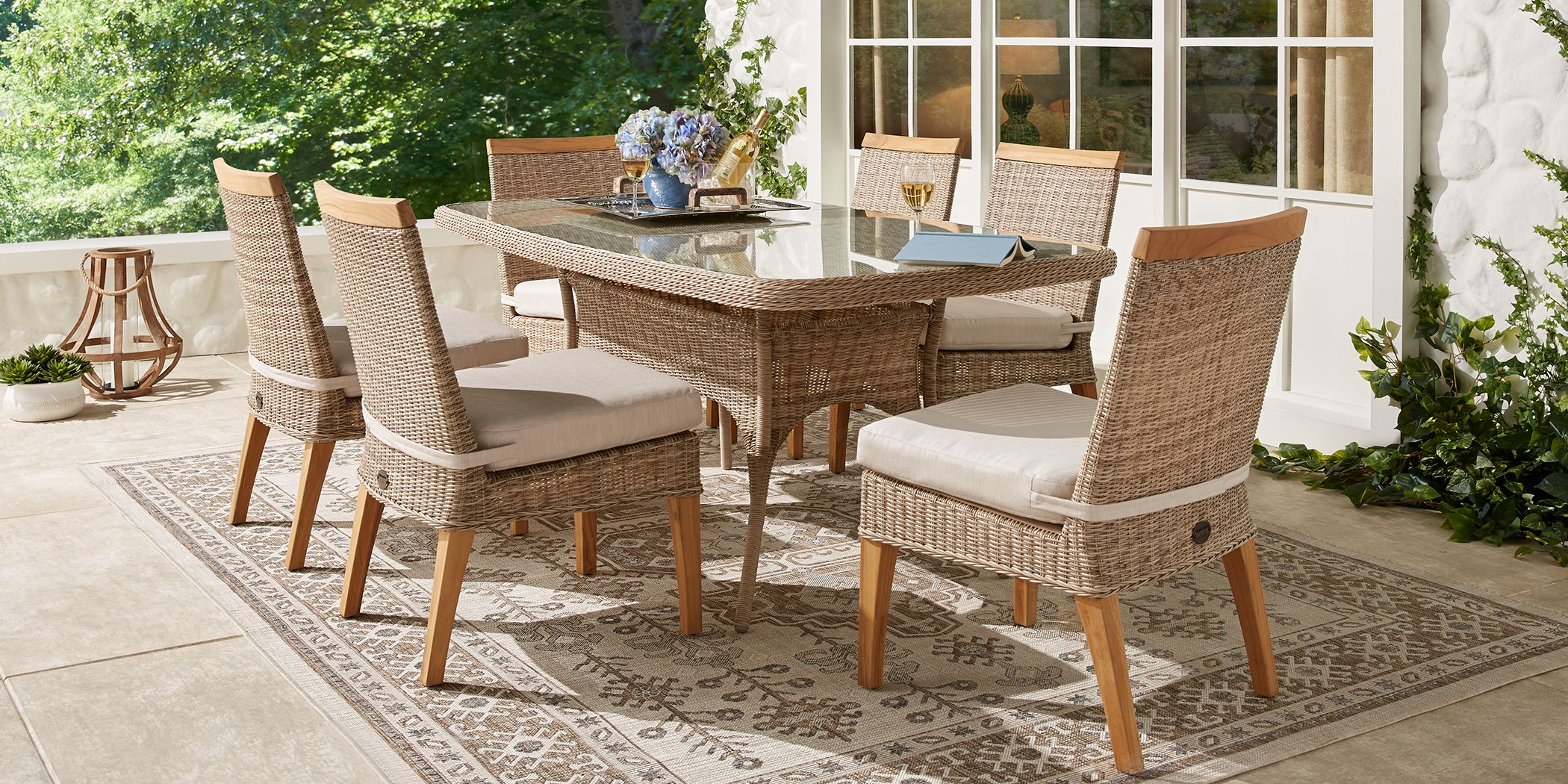Wicker 7 Piece Patio Dining Sets, Wooden Outdoor Dining Set With Cushions