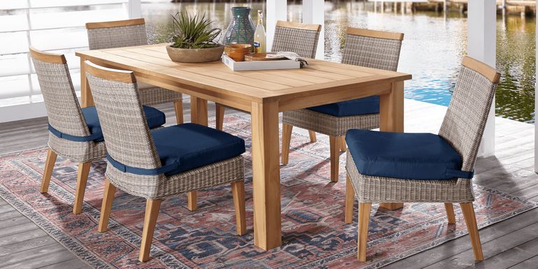 Cindy Crawford Home Hamptons Cove Teak 7 Pc Rectangle Outdoor Dining Set with Ink Cushions
