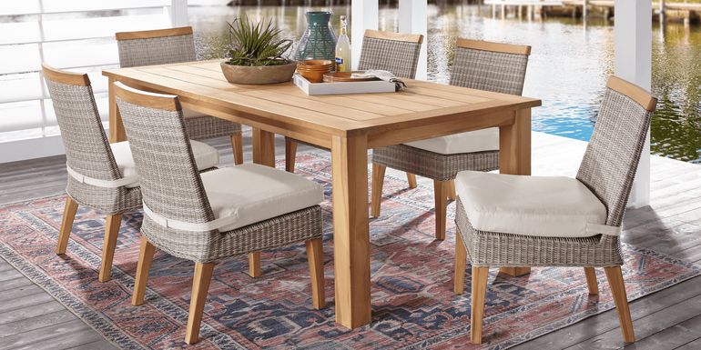 Cindy Crawford Home Hamptons Cove Teak 7 Pc Rectangle Outdoor Dining Set with Linen Cushions