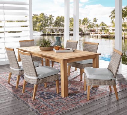 Cindy Crawford Home Hamptons Cove Teak 7 Pc Rectangle Outdoor Dining Set with Rollo Seafoam Cushions