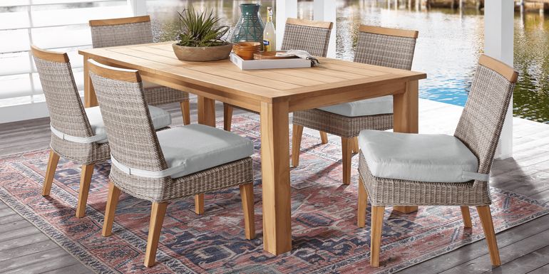 Cindy Crawford Home Hamptons Cove Teak 7 Pc Rectangle Outdoor Dining Set with Rollo Seafoam Cushions