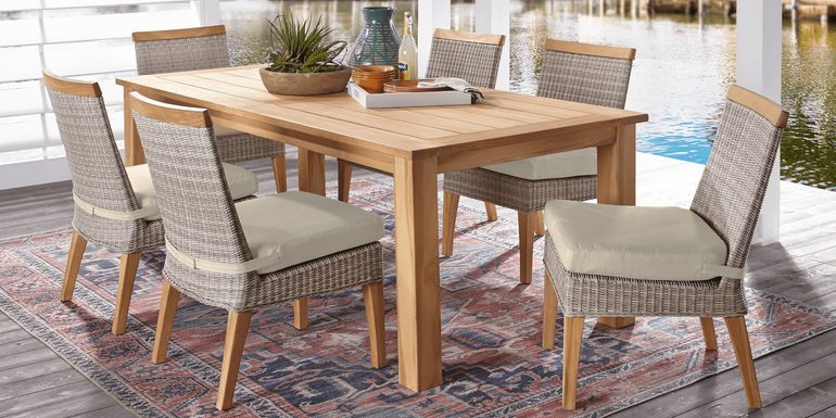 Cindy Crawford Home Hamptons Cove Teak 7 Pc Rectangle Outdoor Dining Set with Pebble Cushions