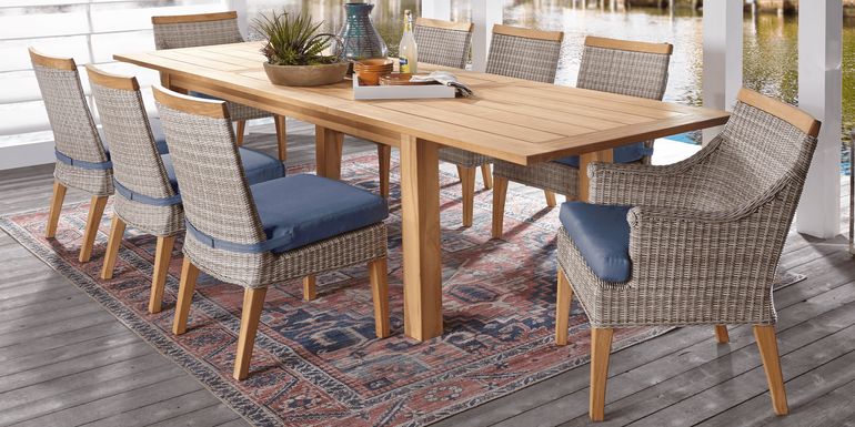 Cindy Crawford Home Hamptons Cove Teak 9 Pc Rectangle Outdoor Dining Set with Denim Cushions