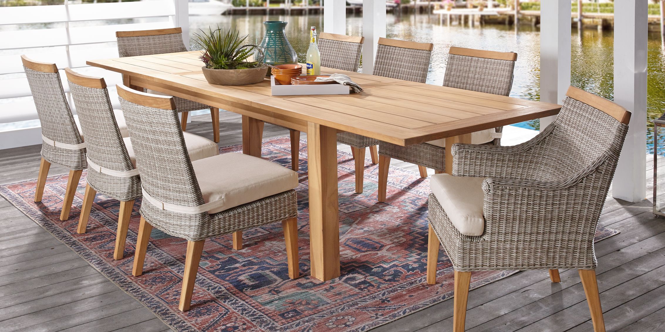 Cindy Crawford Home Hamptons Cove Teak 9 Pc Rectangle Outdoor Dining Set With Flax Cushions Rooms To Go