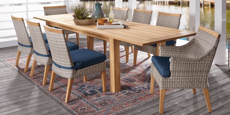 Cindy Crawford Home Hamptons Cove Teak 9 Pc Rectangle Outdoor Dining Set with Ink Cushions